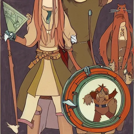 Image similar to anthropomorphic minks dressed as humans playing D&D, cartoon style, studio ghibli, mucha