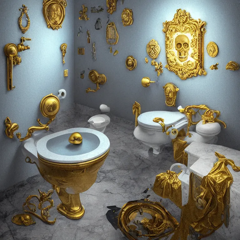 Prompt: A beautiful oil painting hyperrealism of a toilet made of marble stone, gold throne , grey beard, skull bones flowers, 8k resolution, octane render, Trending on artstation, by Gediminas Pranckevicius, volumetric light 2blue fractal Thunder glow by dan mumford, anaglyph effect, Laurie Lipton