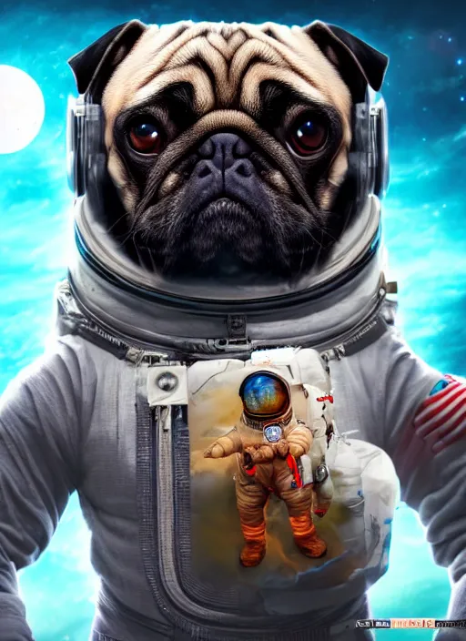 Prompt: An epic fantasy comic book style portrait painting of a pug astronaut in space, unreal 5, DAZ, hyperrealistic, octane render, cosplay, RPG portrait, dynamic lighting