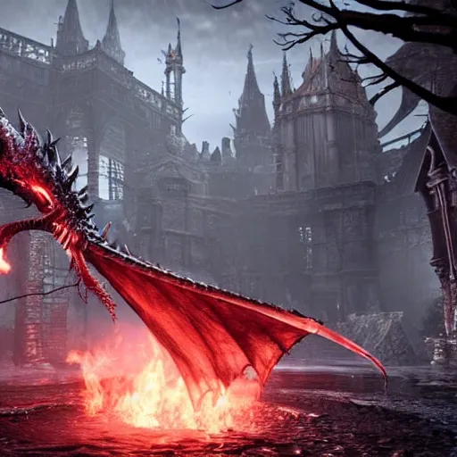 Prompt: bloodborne gameplay of a dragon breathing fire