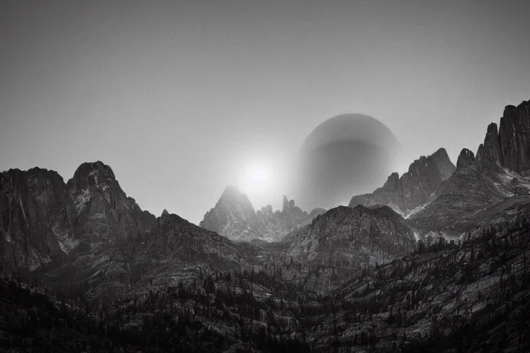 Prompt: alien space ship invading earth in the style of ansel adams, black and white, old, master photography by ansel adams