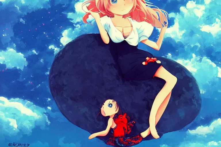 Image similar to a cute anime girl relaxing on a cloud by earle, eyvind, portrait,