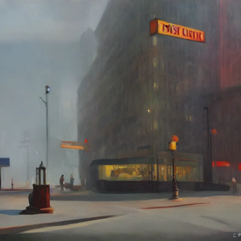 Image similar to trash flowing everywhere, piles of trash, city fog, early morning, , painted by Edward Hopper, painted by Wayne Barlow, airbrush