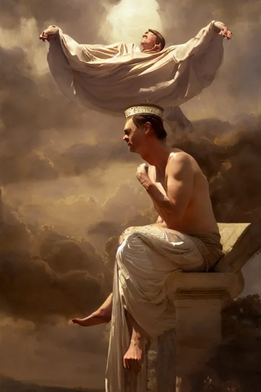 Image similar to beautiful oil painting portrait of ancient roman god emperor steve buscemi floating in the air wearing the civic crown levitating and ascending in a religious pose, ascension, art by anders zorn, wonderful masterpiece by greg rutkowski, expressive brush strokes, beautiful cinematic light, american romanticism by greg manchess, jessica rossier