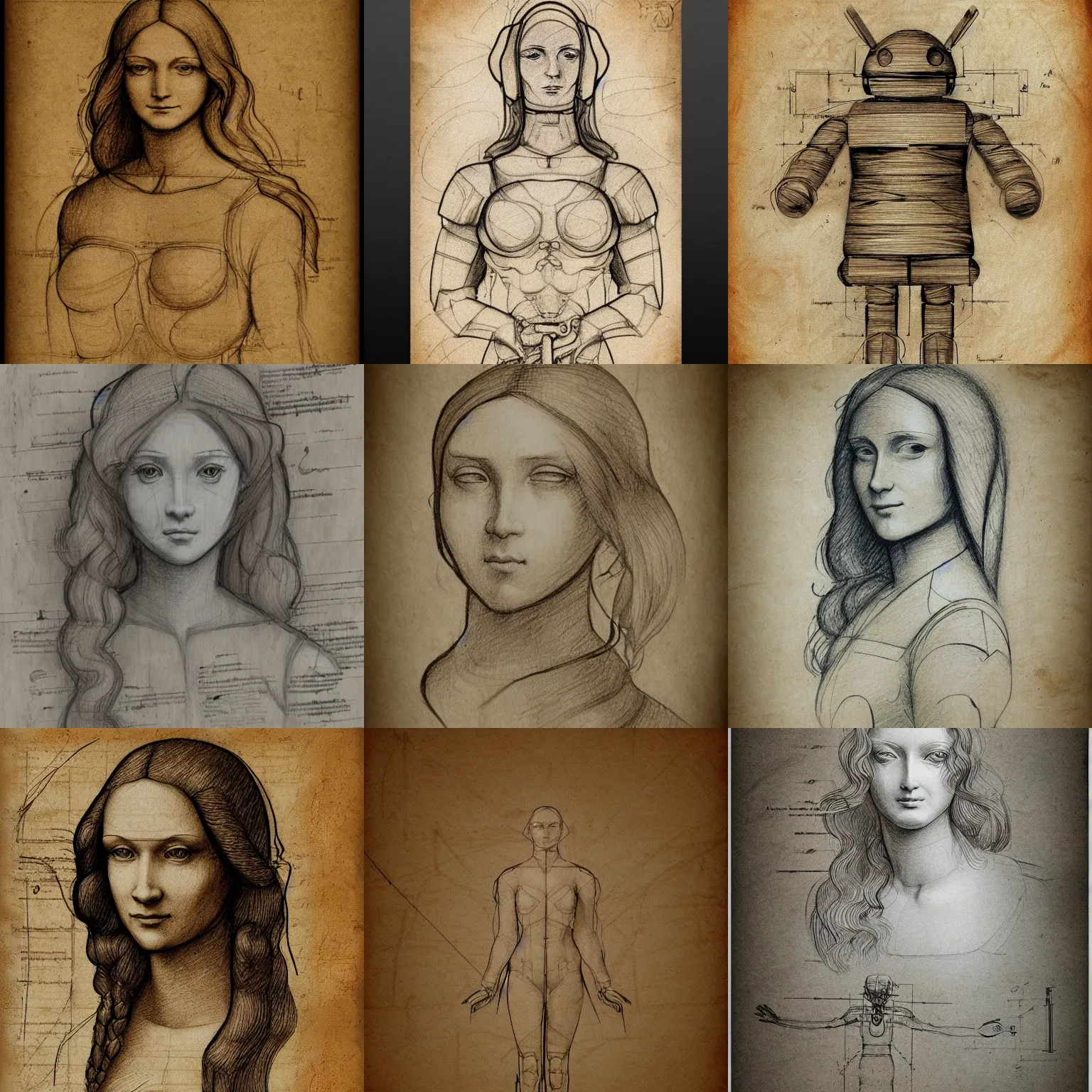 Prompt: Leonardo De vinci schematics of female android, pencil drawing on old parchment paper, digital art, trending on artstation