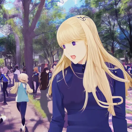 Image similar to blonde - haired princess, anime princess, wearing black jacket and white leggings, looking through crowd, town street, festival street, trees, green trees, blue lighting, blue sunshine, strong lighting, strong shadows, vivid hues, ultra - realistic, sharp details, subsurface scattering, intricate details, hd anime, 2 0 1 9 anime