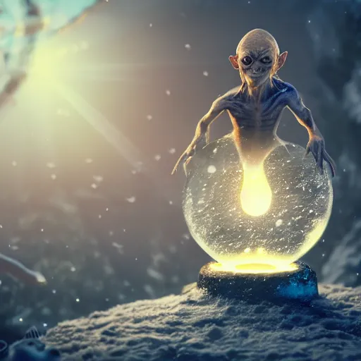 Prompt: gollum stuck in a snowglobe, dreams, extreme detail, octane render, trending on artstation, 4 k, medium shot, fantasy, symmetrical, bokeh, backlighting, volumetric lighting, subsurface scattering.