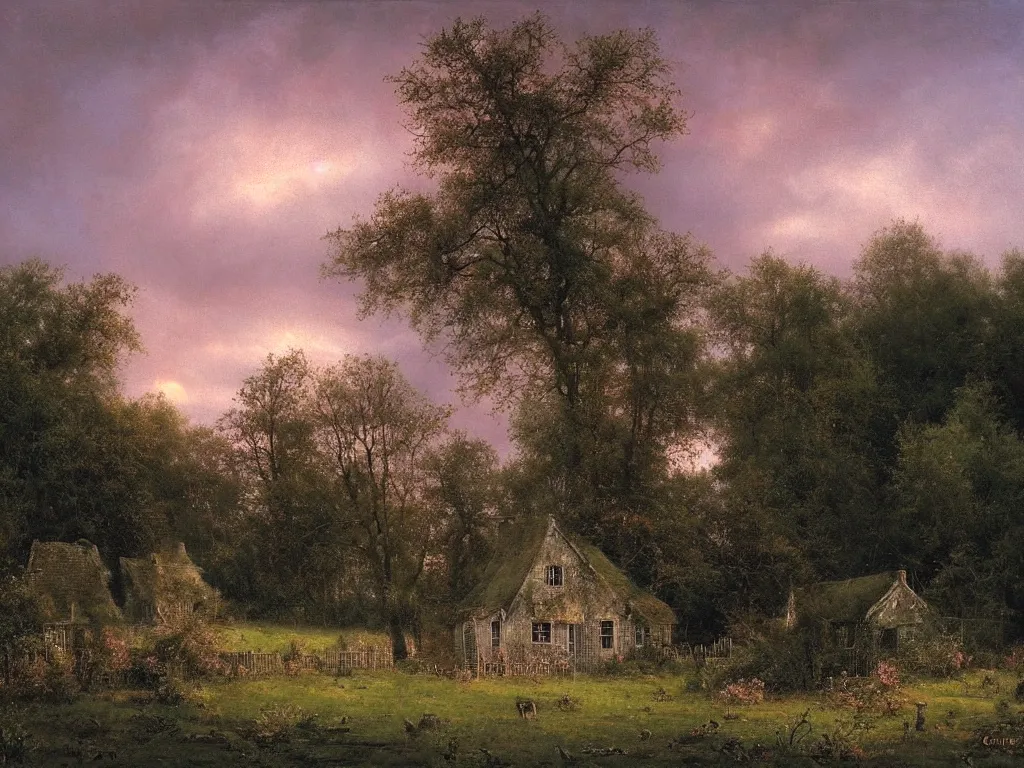 Image similar to a witchhouse in a woodland, evening mood, pink clouds in the evening sky, by clive madgwick