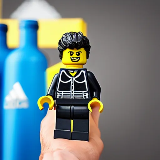 Image similar to photo of lego figure of men in black Adidas tracksuit holding a bottle