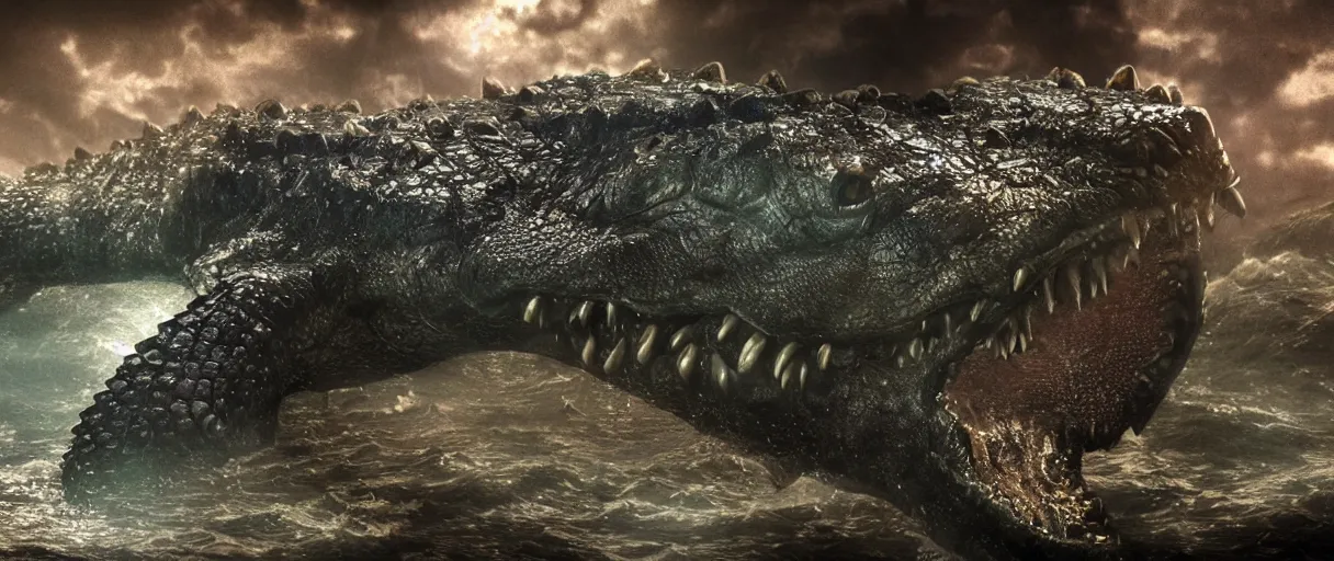 Image similar to ocean monster iron crocodile dramatic lighting establishing shot extremely high detail foto realistic cinematic lighting post processed
