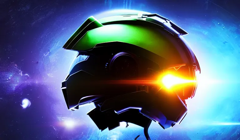 Image similar to cyberpunk halo helmet floating in space with reflections, epic, dramatic, photorealistic, award winning, 8k,