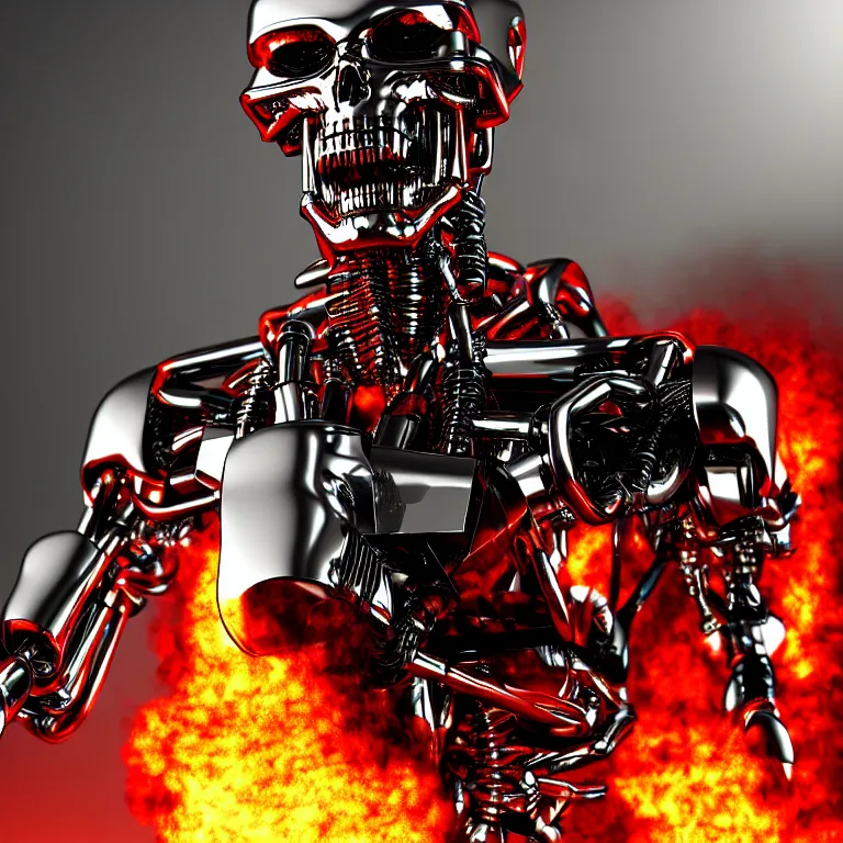 Image similar to terminator endoskeleton with four behind it, chrome, shiny, reflective, metallic, 3 d render, 3 d rendered, hdr, unreal engine 5, ray tracing, dramatic lighting, flame colors bright, high detail,