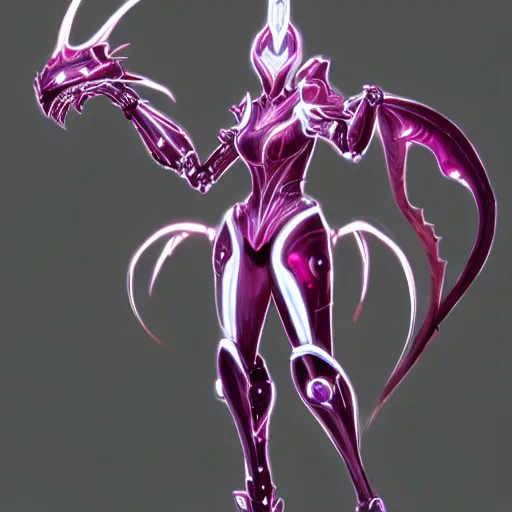 Prompt: highly detailed exquisite fanart, of a beautiful female warframe, but as an anthropomorphic elegant robot female dragoness, glowing eyes shiny, and smooth off-white plated armor, bright Fuchsia skin beneath the armor, sharp claws, robot dragon four fingered hands, and robot dragon three clawed feet, standing elegant pose, full body shot, epic cinematic shot, professional digital art, high end digital art, singular, realistic, DeviantArt, artstation, Furaffinity, 8k HD render, epic lighting, depth of field