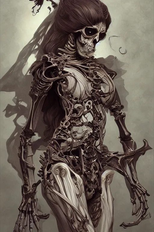 Image similar to skeleton as a heroine, intricate, elegant, highly detailed, centered, digital painting, artstation, concept art, smooth, sharp focus, illustration, art by artgerm and donato giancola and Joseph Christian Leyendecker, Ross Tran, WLOP