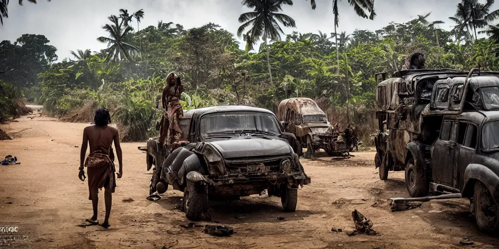 Image similar to sri lankan mad max style, jungle, film still, epic shot cinematography, rule of thirds