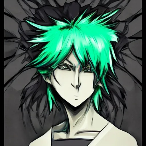 Image similar to portrait of a man with green hair, anime style, trending on artstation, Mad House art style, Tsugumi Ohba art style