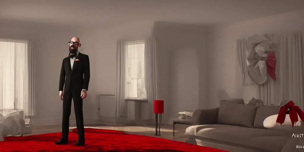 Prompt: Artist Don Blutch creates gorgeous 3d render of VSauce in a tuxedo and red bow tie ominously standing in a living room, realistic volumetric lighting, realistic reflections, rendered by Octane, highly realistic, 4k wallpaper, trending on Artstation