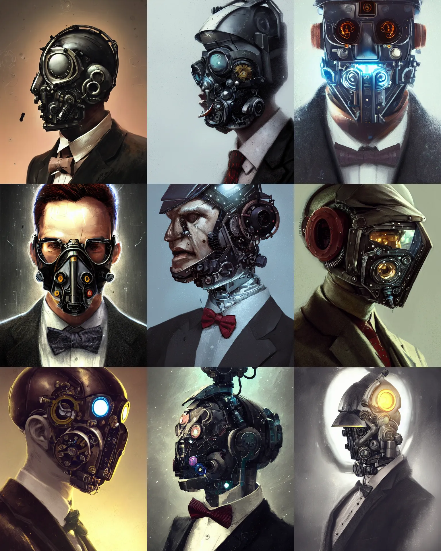 Prompt: a masked rugged young engineer man with cybernetic enhancements wearing a suit and bowtie, detailed mask, scifi character portrait by greg rutkowski, esuthio, craig mullins, 1 / 4 headshot, cinematic lighting, dystopian scifi gear, gloomy, profile picture, mechanical, half robot, implants, steampunk