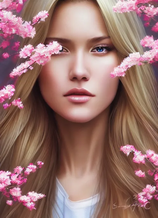 Image similar to photo of a gorgeous blonde female in the style of stefan kostic, realistic, half body shot, sharp focus, 8 k high definition, insanely detailed, intricate, elegant, art by stanley lau and artgerm, extreme blur cherry blossoms background