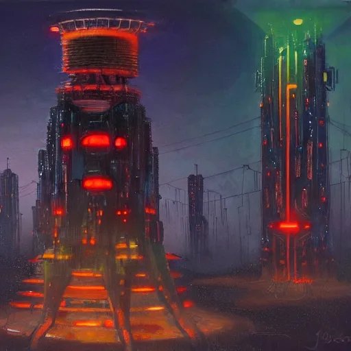 Image similar to an omenous biopunk tower with glowing lights rising in the distance, painting by John Berkley