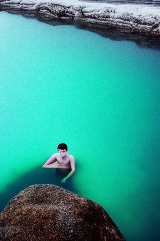 Image similar to high quality pastel coloured film mid angle docu photograph of a beautiful young 2 0 year old male, soft features, short black hair, swimming, submerging in an icelandic black rock pool environment. atmospheric. three point light. photographic. art directed. ( pastel colours ). volumetric light. clearcoat. waves glitch. 8 k. filmic.