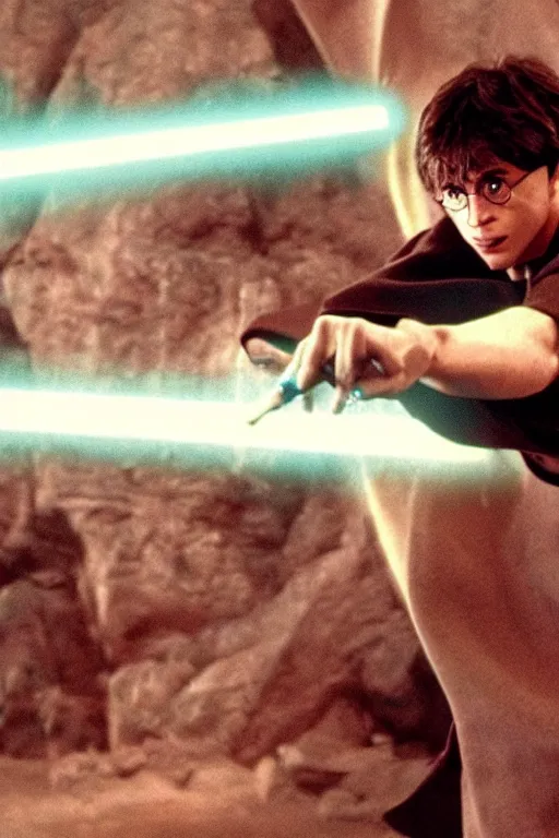 Image similar to Harry Potter fighting Voldermort with a lightsaber, Still from Star Wars,