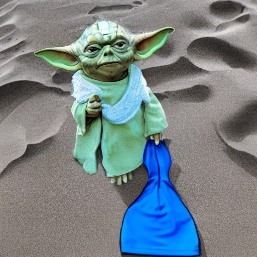 Image similar to a photo of yoda in a swimsuit at the beach