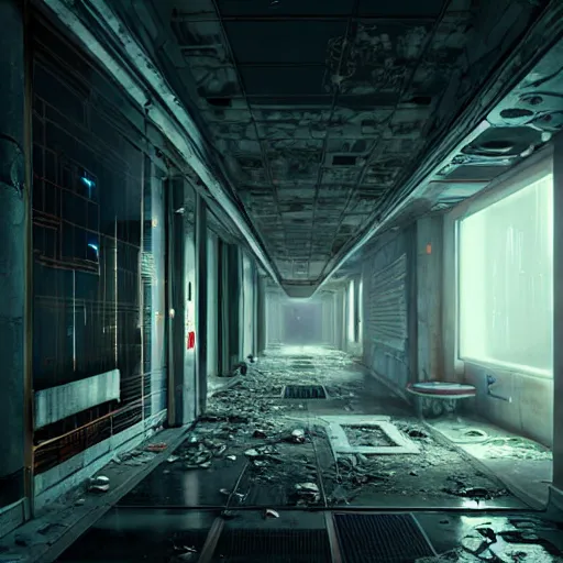 Image similar to abandoned and desecrated hallway in a cyberpunk spaceship, ultra realistic, concept art, intricate details, eerie, highly detailed, photorealistic, octane render, 8k, unreal engine, art by Vita Wen