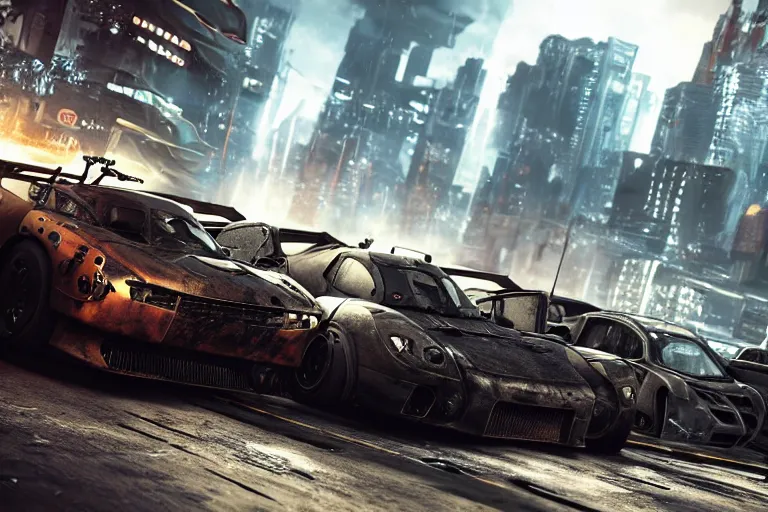 Prompt: photo wallpaper post - apocalyptic cyberpunk battle car gran turismo 7 forza horizon need for speed fast and furious 5 unreal engine cyberpunk supercar hypercar game concept car octane render, 4 khd 2 0 2 2 3 d cgi rtx style chrome reflexion global illumination ray tracing hdr arstation pixar and disney unreal