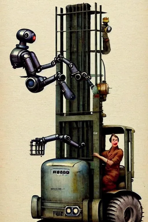 Image similar to ( ( ( ( ( 1 9 5 0 s retro future android robot forklift. muted colors., ) ) ) ) ) by jean - baptiste monge,!!!!!!!!!!!!!!!!!!!!!!!!!