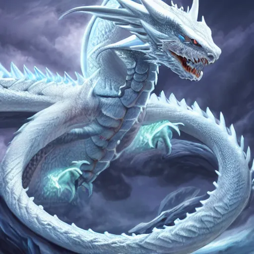 Prompt: a Blue eyed white dragon, epic background by Keith Thompson and Christopher Bretz, highly detailed, digital painting, HDRI, vivid colors, high contrast, 8k resolution, intricate, photorealistic, smooth