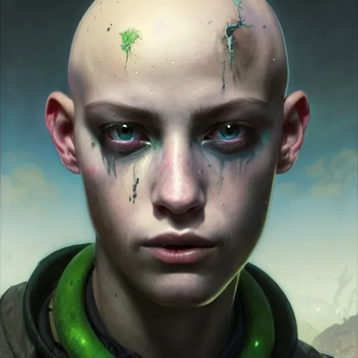 Prompt: portrait painting of a post - apocalyptic bald androgynous teenager with white eyes and a green aura around his head, ultra realistic, concept art, intricate details, eerie, highly detailed, photorealistic, octane render, 8 k, unreal engine. art by artgerm and greg rutkowski and charlie bowater and magali villeneuve and alphonse mucha