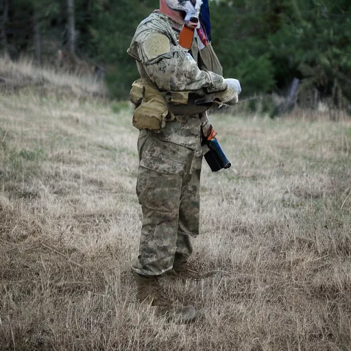 Image similar to a fox animal dressed in a modern american military soldier uniform, 8 5 mm f / 1. 4