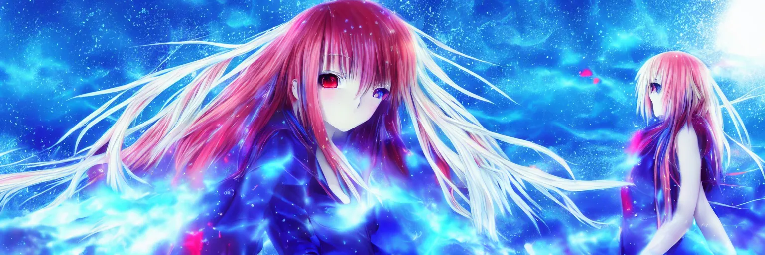 Prompt: glitched background, broken screen, advanced digital anime art, a very cute gorgeous teenage girl with a body made of fire and ice , full body, very long snow colored hair, sky blue highlights in hair, red fiery watery eyes, wearing a dress made of water, full round face, dramatic cinematic lighting, wideshot, highly intricately detailed, trending on pixiv, Artstation, painted by Rossdraws and the style of Sakimimichan