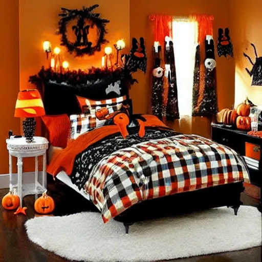 Image similar to homemade halloween themed christmas bedroom ideas, high resolution, creative, visually appealling