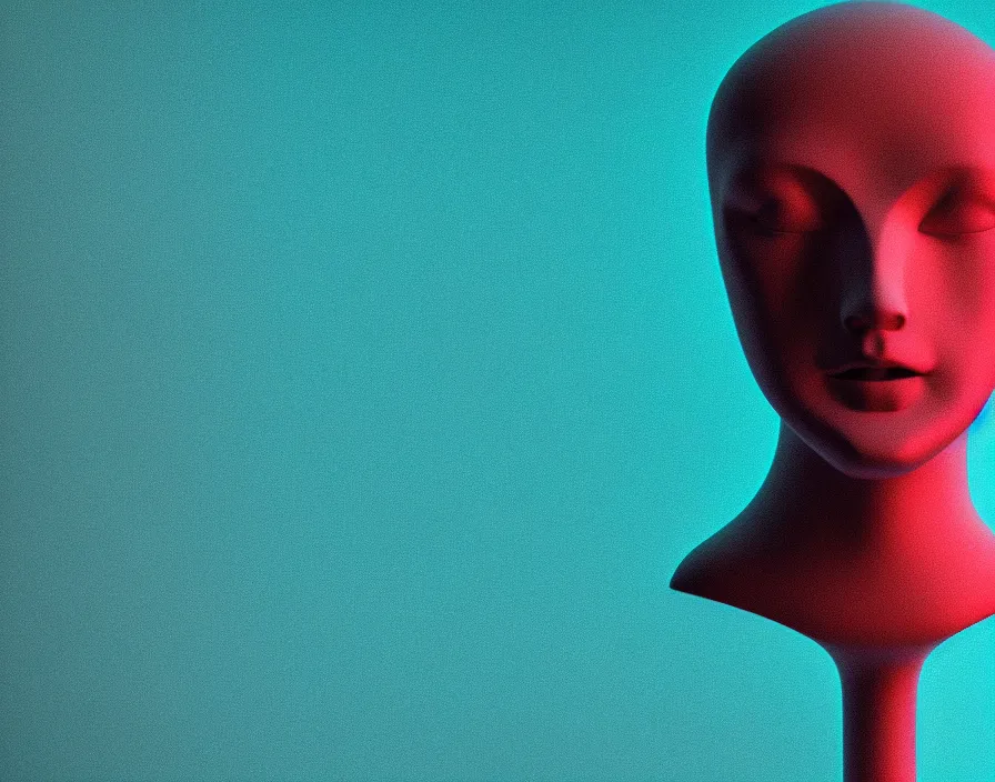 Prompt: humanity, a mannequin head, white color minimal theatrical decoration. octane rendering, cinematic, octane rendering, 8k, depth of field, bokeh. iridescent accents. vibrant. teal white and red color scheme