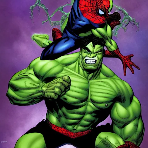 Image similar to spider man and Hulk by Joe Madureira