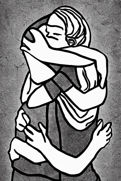Prompt: graphic line art illustration of a loving hug