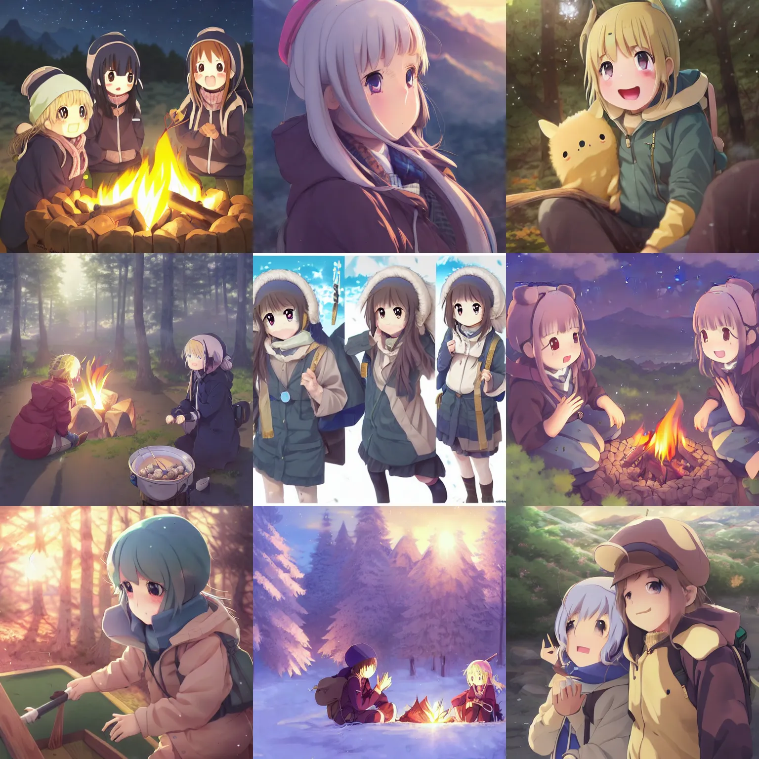 Prompt: anime yuru camp yama no susume cute girls around campfire trending on artstation hyperdetailed shining eyes cute moe Insanely detailed faces Unreal Engine 4k 8k ultra HD illustration digital pixiv concept art Award Winning manga cover by Stanley Artgerm Lau, WLOP, Rossdraws, James Jean, Andrei Riabovitchev, Marc Simonetti, and Sakimichan