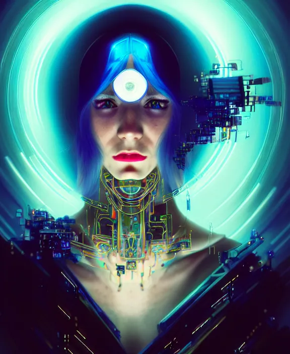 Image similar to a whirlwind of souls rushing inside the metaverse, hologram, half body, neurochip, shaved temple, piercing, jewelry, android, cyborg, cyberpunk face, by loish, d & d, fantasy, intricate, elegant, highly detailed, colorful, digital painting, artstation, concept art, art by artgerm and greg rutkowski and alphonse mucha