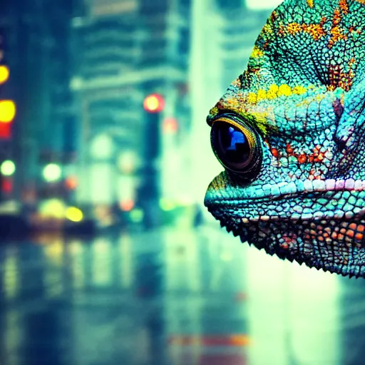 Image similar to a high quality photo of a chameleon on the streets of a cyberpunk city, rainy, reflective ground, neon lights, realism, 8k