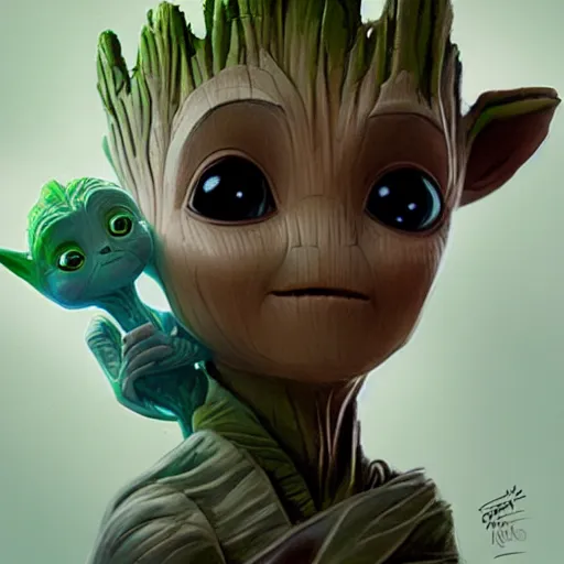 Prompt: Cute Elven baby Groot and Yoda by Greg Rutkowski and Pixar, asymmetrical, Organic Painting , Matte Painting, geometric shapes, hard edges, street art, trending on the artstation, realistic, high quality:2 by Sachin Teng:4