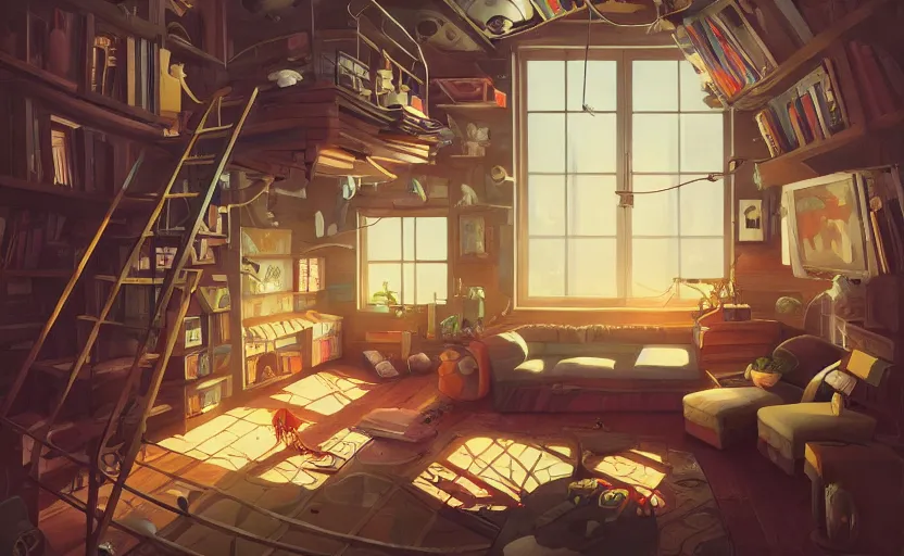 Image similar to Interior shot of a cozy loft by Petros Afshar and Beeple, James Gilleard, Mark Ryden, Wolfgang Lettl highly detailed