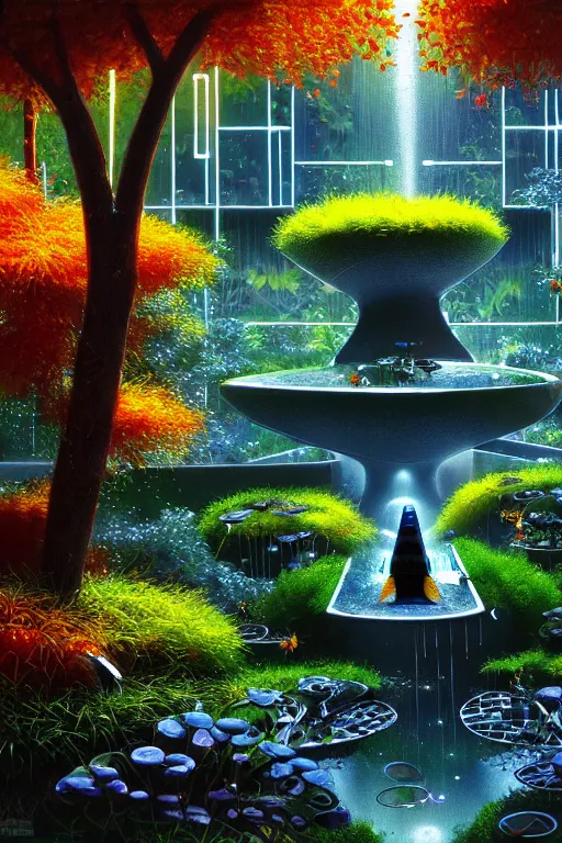 Image similar to futuristic garden glowing in autumn, marble fountains, small waterfalls, ecosystem, robotic bumblebees, 1 9 8 0 s science fiction, 1 9 7 0 s science fiction, alien 1 9 7 9, cyberpunk, 3 d oil painting, depth perception, 4 k, artstation