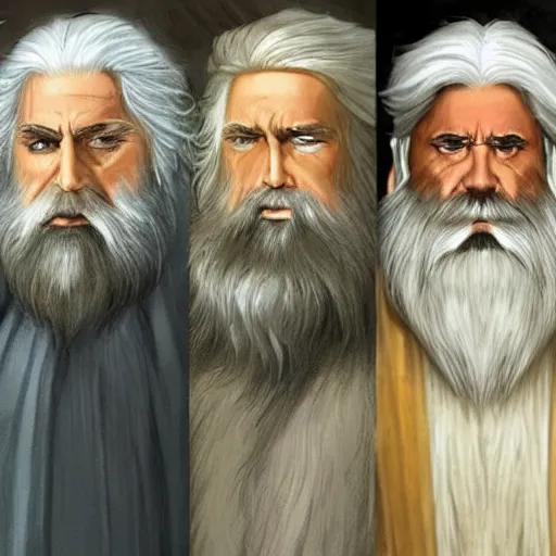 Prompt: shorter in stature than the other two ; but his long white hair, his sweeping silver beard, and his broad shoulders, made him look like some wise king of ancient legend. in his aged face under great snowy brows his eyes were set like coals that could suddenly burst into fire