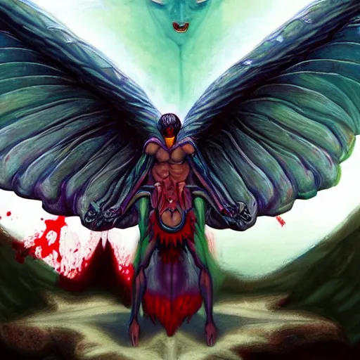 Image similar to 4K headshot of godlike mothman with defined arms and open hands and bloody clothes with giant mandala wings , intricate face , flawless anime cel animation by Kentaro Miura, psychedelic , highly detailed upper body , professionally post-processed , beautiful, scary, symmetry accurate features, epic, octane rendered, anime masterpiece, accurate