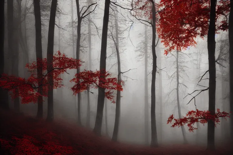 Image similar to deep dark moody forest, red fog on the ground, bleak. big stones, dark mood. mysterious. doom. realistic painting. photobashing, matte painting, highly detailed, autumn, cinematic, hyperralistic, artstation