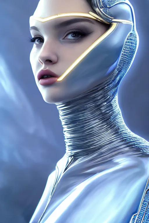 Image similar to detailed portrait glam cyber noun, attractive feminine curves, intricate, scifi, futuristic, elegant cape, elegant, alien room background, white, blue, gold, photorealism, trending on artstation, holy halo, advanced technology, art by moebius and vitaly bulgarov and chanthara