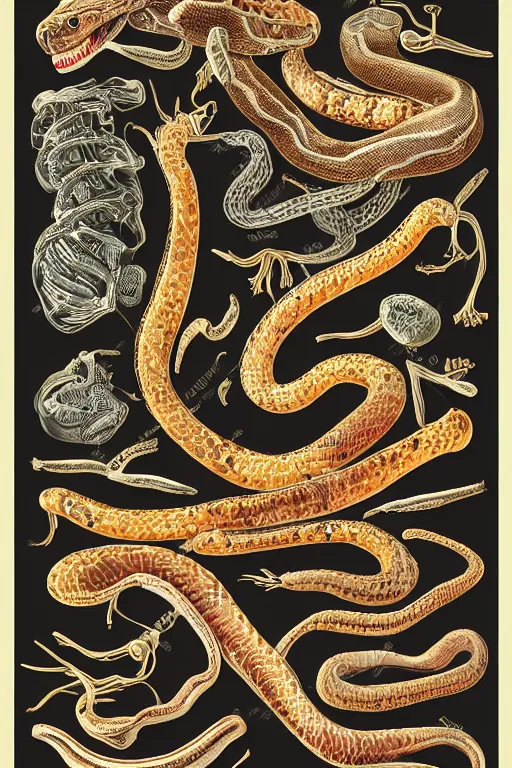 Image similar to anatomical encyclopedia illustration of a snake, photorealistic, diagram, intricate details