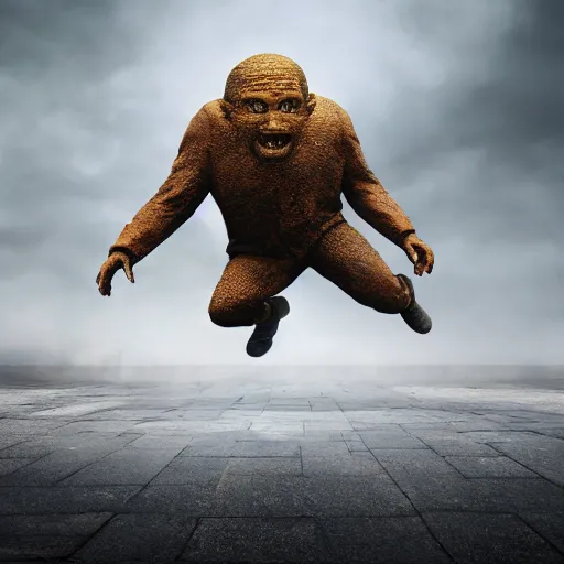Image similar to people running away scared from a giant with bitcoin head, cinematic, sci-fi art, hyper-realistic, 8k